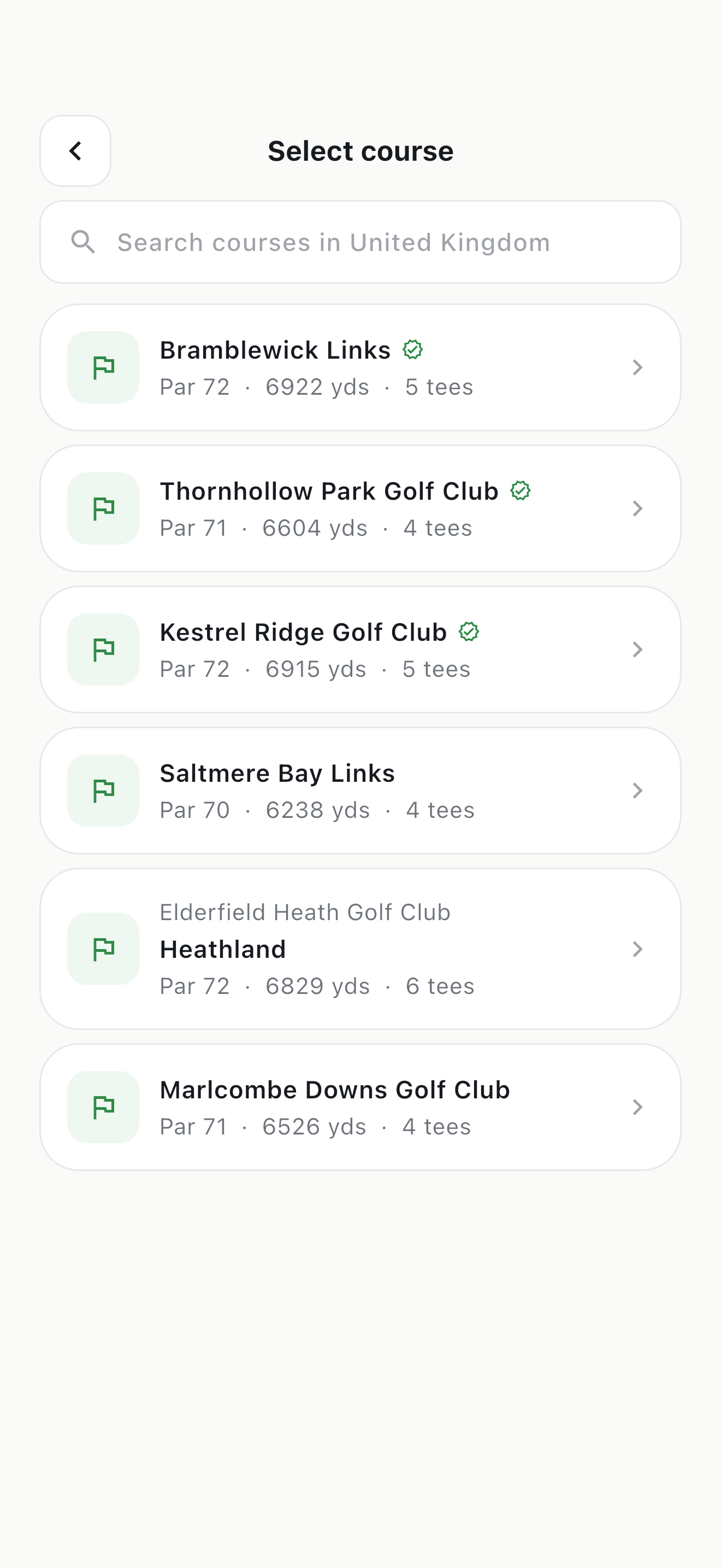 The Tour & Tee course list showing six golf courses with their par, total yardage and number of tees.