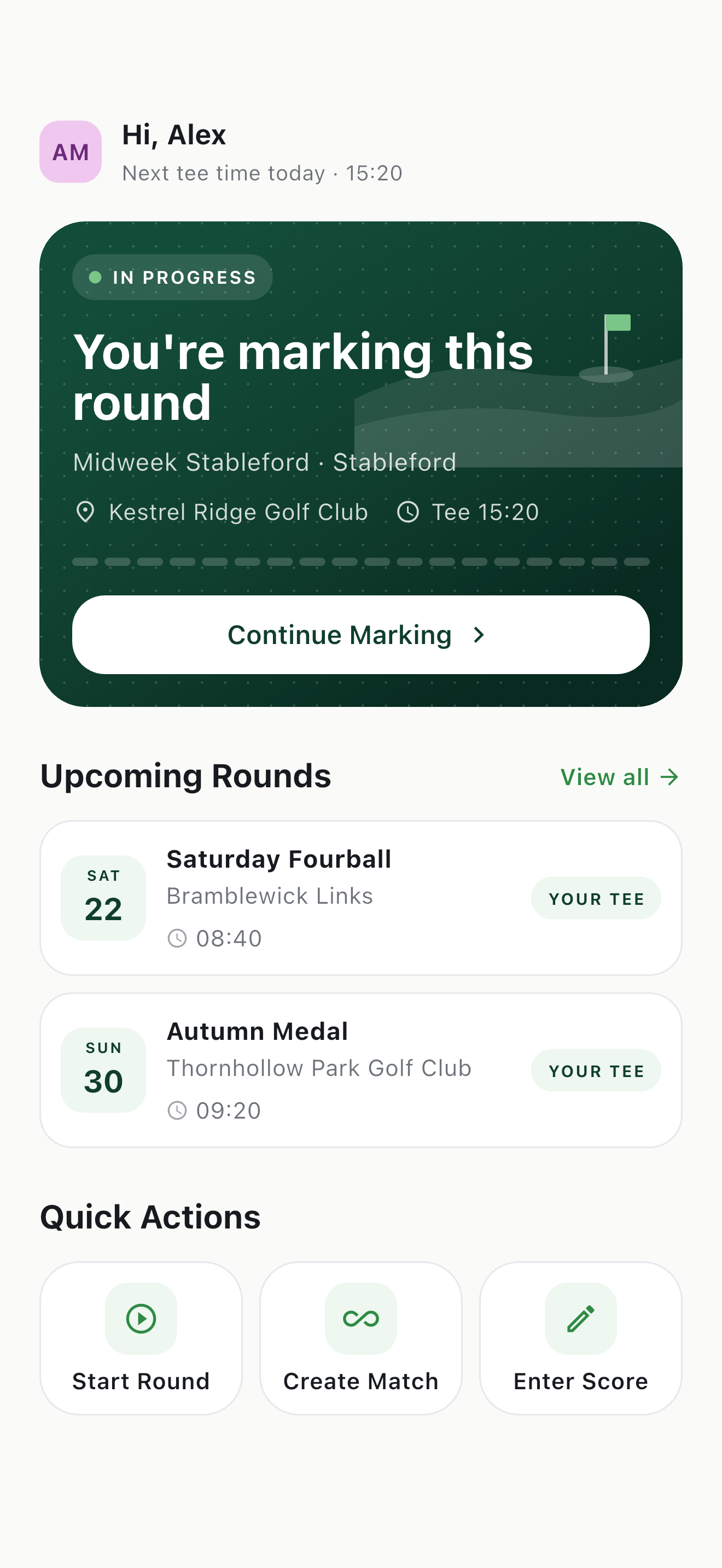 The Tour & Tee home screen: the next tee time, a round in progress at Kestrel Ridge Golf Club, and upcoming rounds at Bramblewick Links and Thornhollow Park.