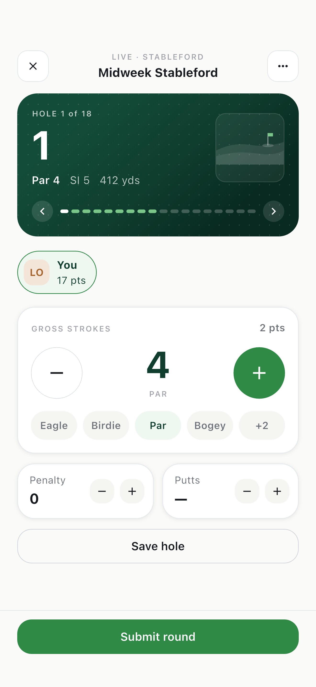 The Tour & Tee live scorecard during a round: hole 1 of 18 with its par, stroke index and yardage, the strokes entered for the hole, and the running Stableford points.